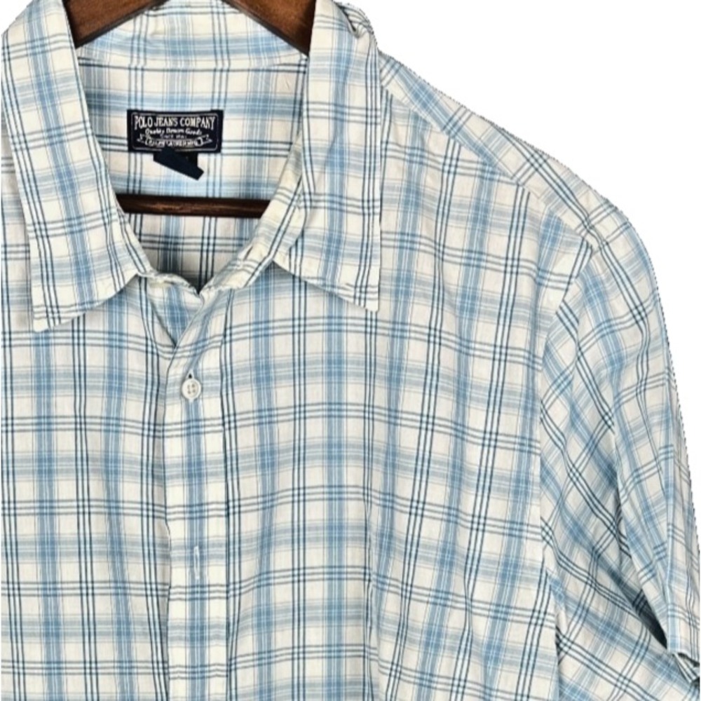 Polo Jeans Co Ralph Lauren Shirt Mens XL Blue Plaid Button Up Cotton Short Sleev